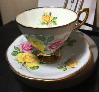 Vintage Tea Cup Saucer Derby Pink & Yellow Roses