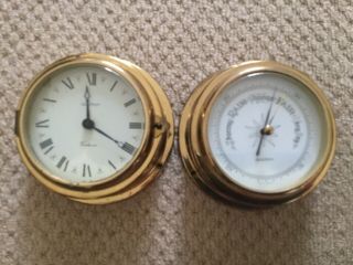 Vintage Acctum Ships Brass Bulkhead Clock & Barometer