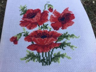 Vintage Tapestry Embroidered Picture Hand Stitch Floral Flowers Poppy Poppies