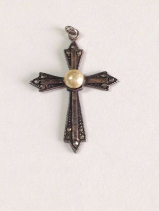 Antique Silver Cross With Seed Pearl And Marcasite,  Hb Sterling