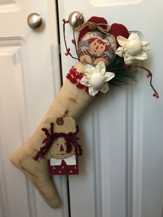 Primitive Raggedy Ann Annie Stocking Wall Decor Folk Art Heart Flower Tag