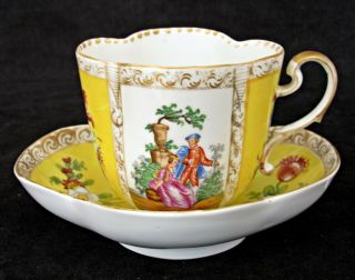 Antique Volkstedt Dresden Cabinet Cup & Saucer,  Romantic Scenes,  Yellow Ground