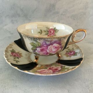Vintage Footed Tea Cup Saucer Hand Painted Lefton China Pink Roses Black 1950s