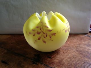 Antique Victorian Yellow Satin Art Glass Rose Bowl Hand Enameled Design