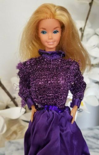 Mattel Vintage Superstar Era Barbie Blonde Pink Skin Taiwan In Purple Dress