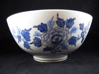 Chinese Blue Flower White Porcelain Gold Trim Bowl 10.  25 " Diameter