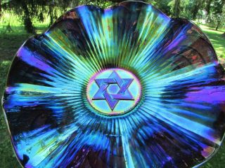 Imperial Star Of David Antique Carnival Art Glass Ruffled Bowl Electric Purple