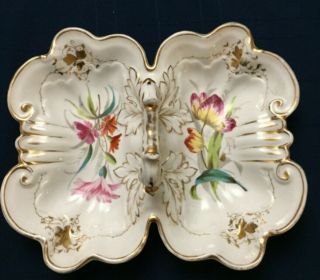 Antique Floral Porcelain Divided Serving Dish,  Handle,  Gold Details Hand Painted