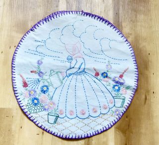 Vintage Embroidered Round Cotton Cushion Cover Crinoline Lady In Garden
