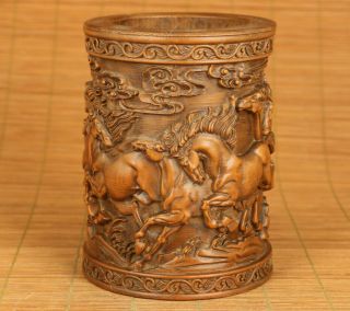 Chinese Old Boxwood Hand Carved Eight Steed Horse Statue Brush Pot Decoration