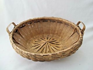 Antique Round Handwoven Basket,  Handmade Wood Handles 10 X 4 "