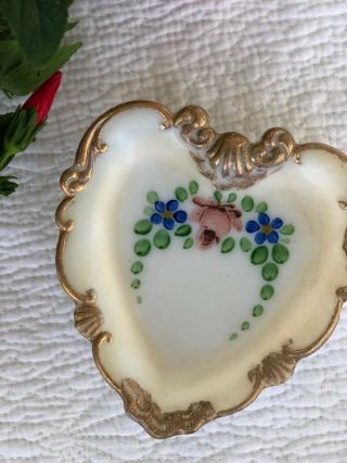 Two Antique Victorian Heart Shaped Hand Painted Gold Rimmed Trinket Dishes