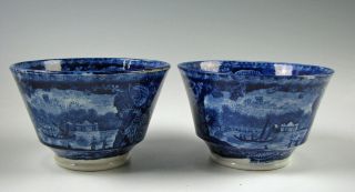 2 Antique Dark Blue Staffordshire American View Wadsworth Tower Cups Circa 1825