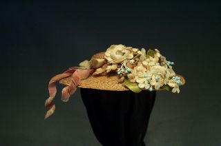 Antique Horsehair Straw Hat W Bouquet For Antique French Or German Fashion Doll