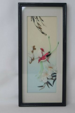 Vintage Real FEATHER ART 3D Picture Framed Matted Birds Floral Wall Decor 2