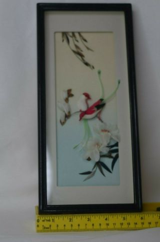 Vintage Real FEATHER ART 3D Picture Framed Matted Birds Floral Wall Decor 3