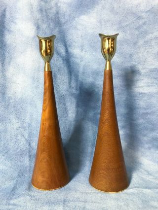 Vintage 9.  5 " Pair Mid Century Modern Teak Brass Candlesticks