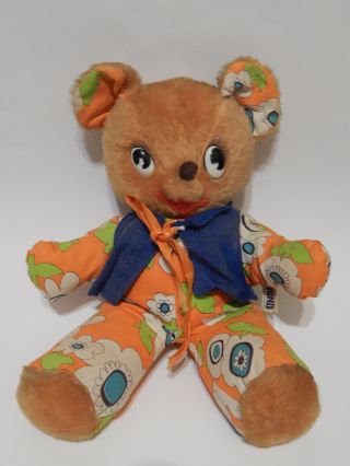 Htf Vintage 1971 Gund 14 " Plush Stuffed Teddy Bear Orange Retro Floral Flowers