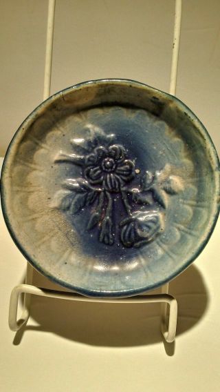 Antique Salt Glaze Soap Dish - Blue & White Stones Are Round Fish Scales & Floral