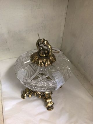 Vintage Cut Crystal Candy Dish With Lid.  Gold Bottom.