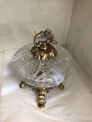 Vintage cut crystal candy dish with lid.  Gold Bottom. 2