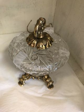 Vintage cut crystal candy dish with lid.  Gold Bottom. 6