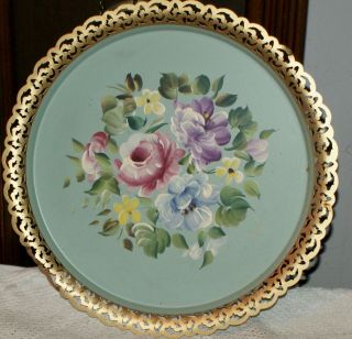 Antique/vintage Round Metal Serving Tray With Hand Painted Floral Design