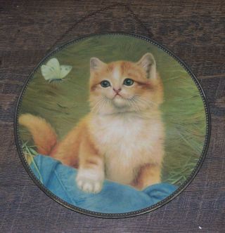 Antique Flue Cover Colorful Yellow Kitten & Butterfly 9&3/4 Metal Frame Germany