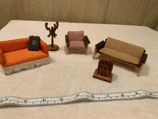 Mid Century Modern Vintage Dollhouse Couches Chair Bible Coat Rack Clock Wood