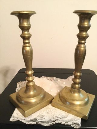 Antique Solid Brass Candlesticks 9 1/2 " Tall,  3 5/8 " Across Bottom