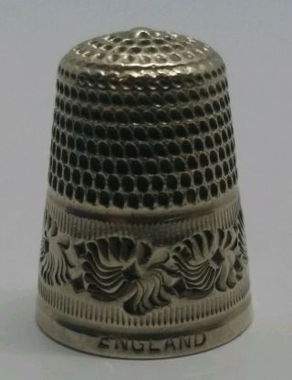 Vtg Antique Silver Thimble England Etched Flower Bead Design Sewing Collectibles