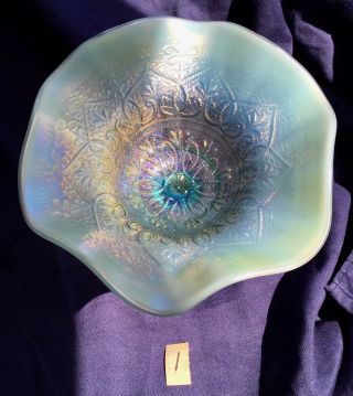 1 Northwood Hearts & Flowers Antique Carnival Art Glass Compote Aqua Opalescent