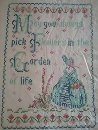 Vintage Completed cross Stitch needle work crinoline lady picture Panel image 2