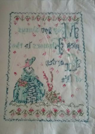Vintage Completed cross Stitch needle work crinoline lady picture Panel image 3