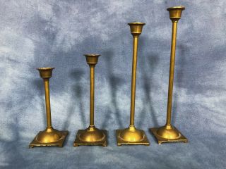 Vintage Brass Graduated Candlesticks,  Set Of Four Square Bottom,  Mid Century