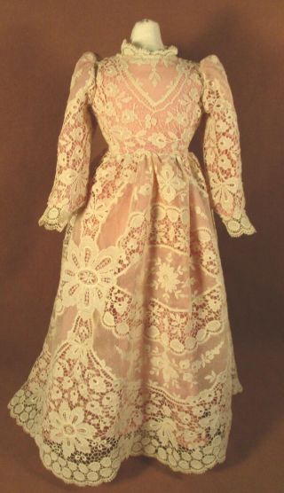 Vintage Doll Dress For 19 " - 21 " Bisque Doll - Ivory Lace Over Pink Silk