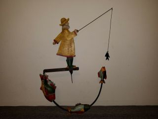 Moving Fisherman Weather Vane With Colorful Fishes Metal