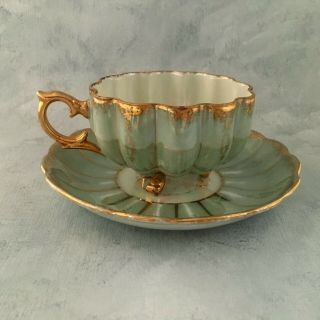 Vintage Footed Tea Cup Saucer Royal Sealy China Japan Green Gold Iridescent 1950