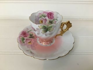 Vintage Antique Occupied Japan Pink And Gold Roses Demitasse Cup And Saucer