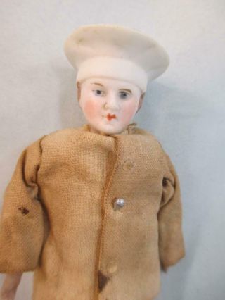 Antique German Bisque Head Dollhouse Doll Kitchen Chef Molded Hat Cloth Body 5 "