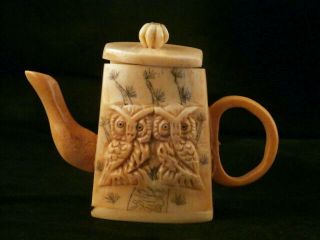 Pure Chinese Bone Hand Carved 2owls Relief Little Pot O003