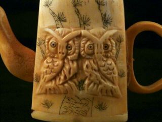 Pure Chinese Bone Hand Carved 2Owls Relief Little Pot O003 4