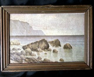 Lovely Antique Miniature Seascape Oil On Board Painting Rocks Sea Signed Frame