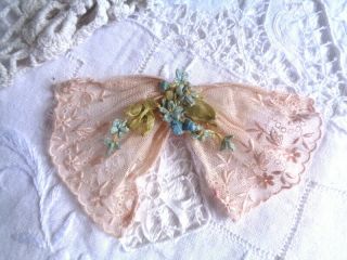 Antique Victorian Pink Embroidererd Tulle With French Silk Ribbonwork Flowers
