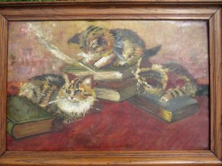 Charming Cats Kittens Antique Oil 120 Years Old