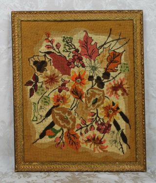 Antique Finished Crewel Embroidery Flowers Floral Fall Foliage Framed