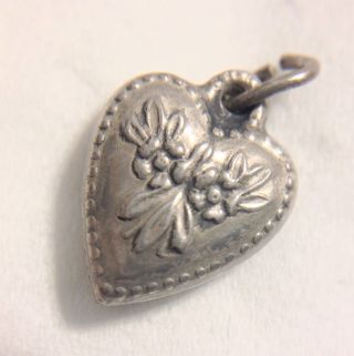 Antique Victorian Repousse Sterling Silver Puffy Floral Heart Charm