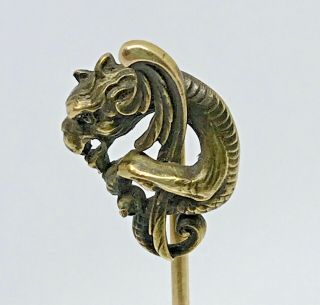 Antique Stick Pin Dragon 18k 14k Yellow Gold Gothic Jewelry Signed 2.  5 Grams
