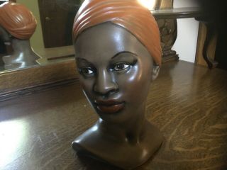 Vintage Mid - Century Female / Girl Ceramic Head Bust Brown Eyes/skin Black