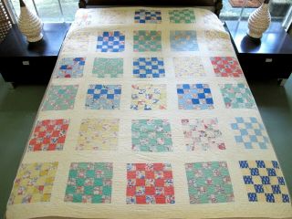 Washed Many Times Vintage Hand Pieced Machine Quilted 25 - Patch Quilt,  75 " X 57 "